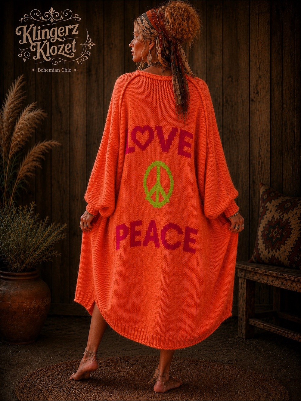 Orange Love & Peace Knit Cardigan duster length